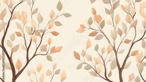 A natural-themed wallpaper pattern of hand-drawn brown and tan tree branches with soft green leaves on a light beige background for a calming effect. photo