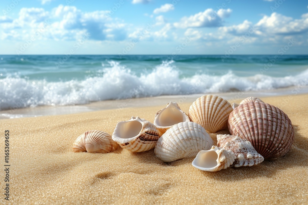 Beautiful seashells scattered on a sandy beach at sunset near a calm ocean Beautiful seashells scattered on a sandy beach at sunset near a calm ocean
