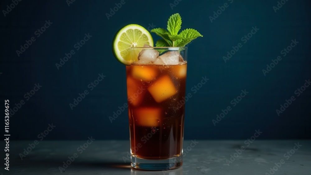Fototapeta premium A refreshing glass of iced tea, garnished with a vibrant lime slice and sprig of fresh mint, surrounded by melting ice cubes in a rich, dark brew
