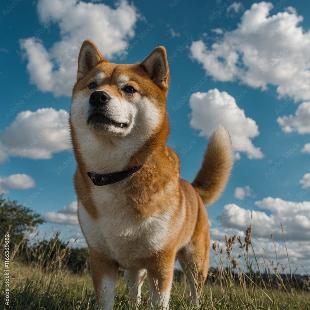 A Shiba Inu standing confidently under a partly cloudy blue sky. A Shiba Inu standing confidently under a partly cloudy blue sky.