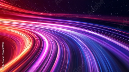 Fast speed motion blur effect with colorful light trails creating an abstract curved shape under a starry night sky photo