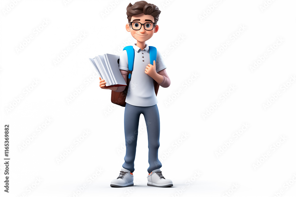 3D illustration of a young cheerful student holding books with his hand on a white isolated background. Image created with AI 3D illustration of a young cheerful student holding books with his hand on a white isolated background. Image created with AI