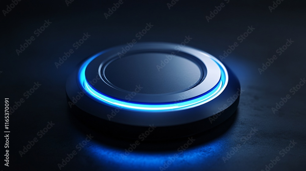 Blue light emitting from futuristic round button on dark background Blue light emitting from futuristic round button on dark background