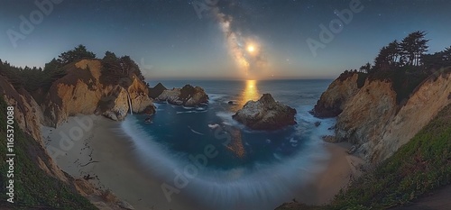 Milky Way over secluded cove beach at night.