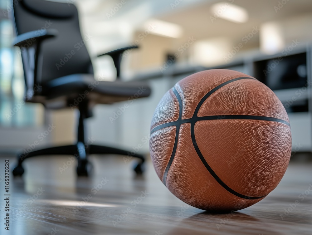 Basketball on the floor near an office chair during afternoon sunlight Basketball on the floor near an office chair during afternoon sunlight