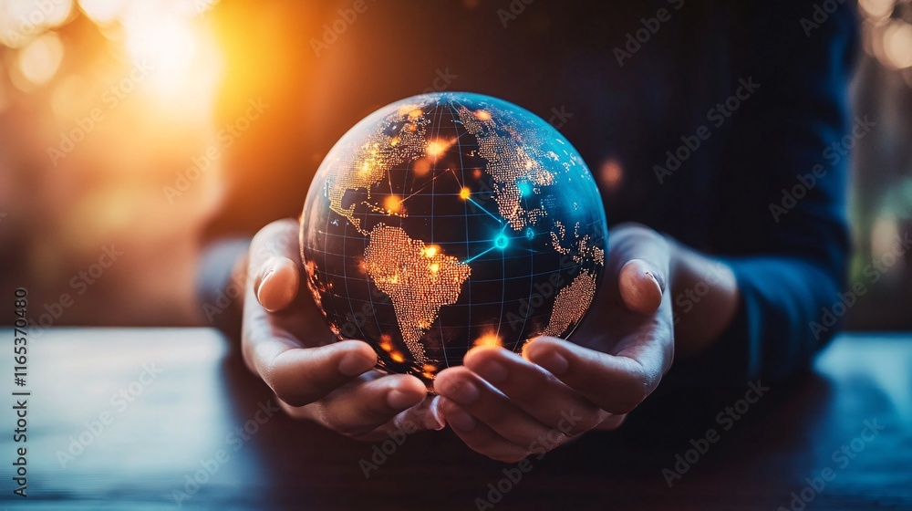 Fototapeta premium Businessman holding digital world globe with network connection and sunrise background
