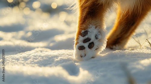 A close-up of a red foxa??s paw as it walks through the snow, leaving tracks in the untouched white surface. photo