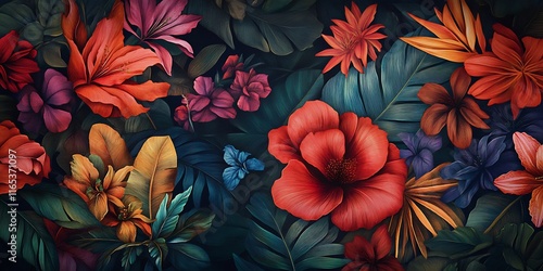 Wallpaper Mural floral design with large, colorful exotic petals creating a vibrant scene  Torontodigital.ca