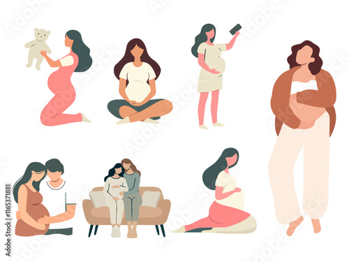 pregnant woman life mom belly expecting baby future mother family friend relaxing home working laptop happy pregnancy vector illustration background 