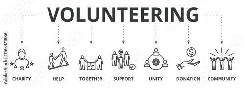 Volunteering banner vector illustration concept with icon of charity, help, together, support, unity, donation, and community