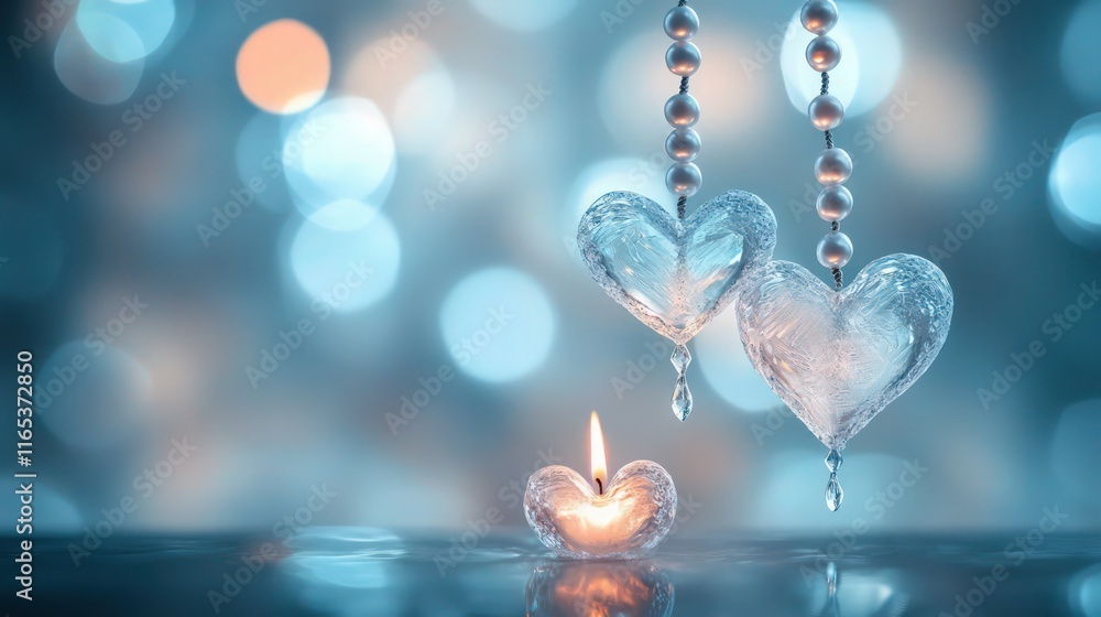 Fototapeta premium A blurred background in cool tones of blue and silver sets a serene tone, with a glowing pearl rope hanging gracefully in the center. At the end of the rope, a heart shaped like ice or crystal .