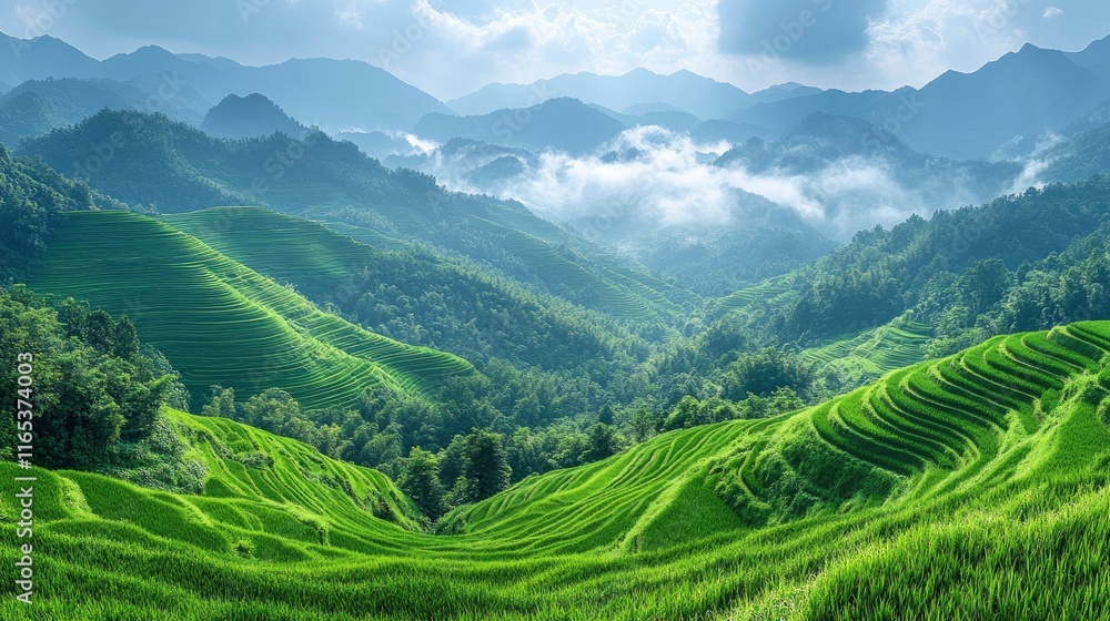 Terraced rice fields in early morning light, layers of green curving along mountainside with rising mist Terraced rice fields in early morning light, layers of green curving along mountainside with rising mist