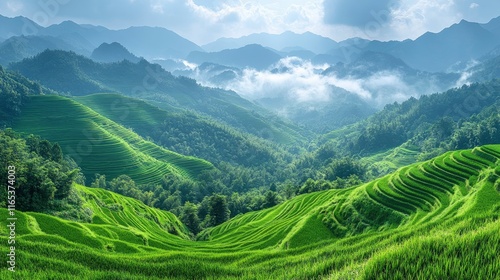 Terraced rice fields in early morning light, layers of green curving along mountainside with rising mist