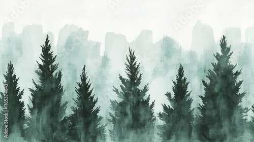A serene watercolor composition with dark evergreen trees in shades of rich pine green, their sparse branches extending horizontally. The background consists of abstract brushstrokes.