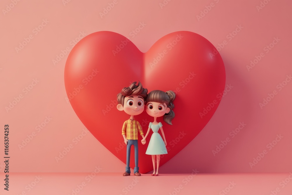 Charming Animated Characters Holding Hands in Front of a Giant Heart on a Pink Background