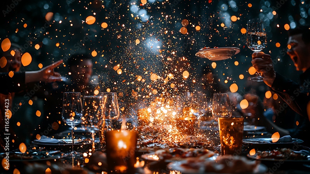 Fototapeta premium Festive dinner party with friends, celebrating with confetti and champagne.