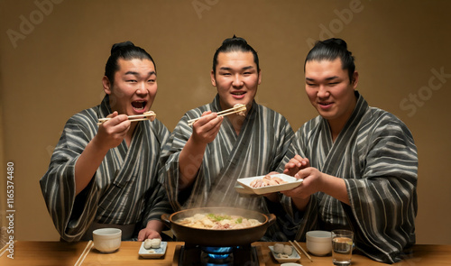 ちゃんこ鍋を食べる力士達 photo