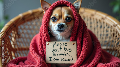 A scared dog wrapped in a red blanket holds a sign saying, 