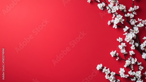 red background with white cherry blossoms. Chinese New Year celebration,