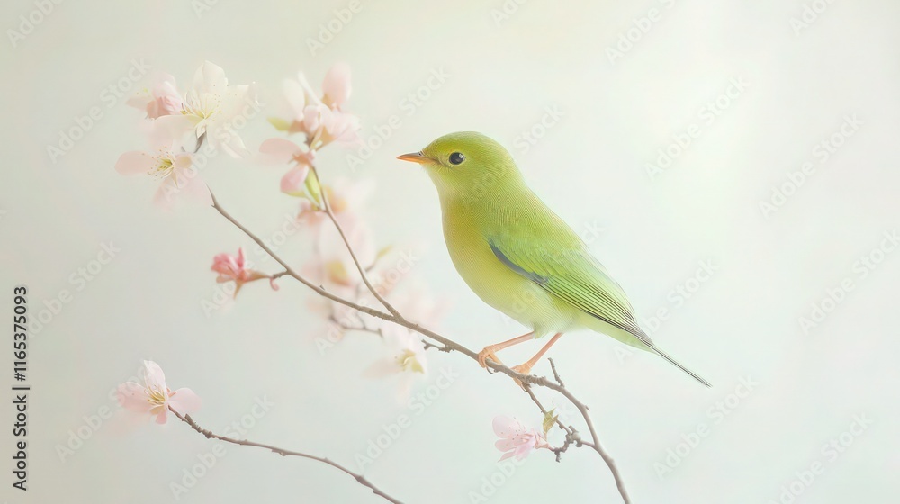 A small green bird perched on a tiny tree with pale pink blossoms and slender branches. The birds bright plumage stands out against the soft, pastel-colored leaves of the tree. A small green bird perched on a tiny tree with pale pink blossoms and slender branches. The birds bright plumage stands out against the soft, pastel-colored leaves of the tree.