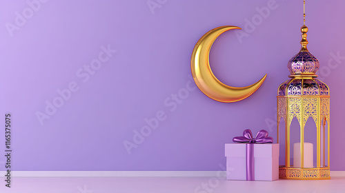 light purple background, Gift box, lantern, gold crescent moon on white. Design concept of ramadan kareem, mawlid, iftar,isra and miraj or eid al fitr adha, copy space text area