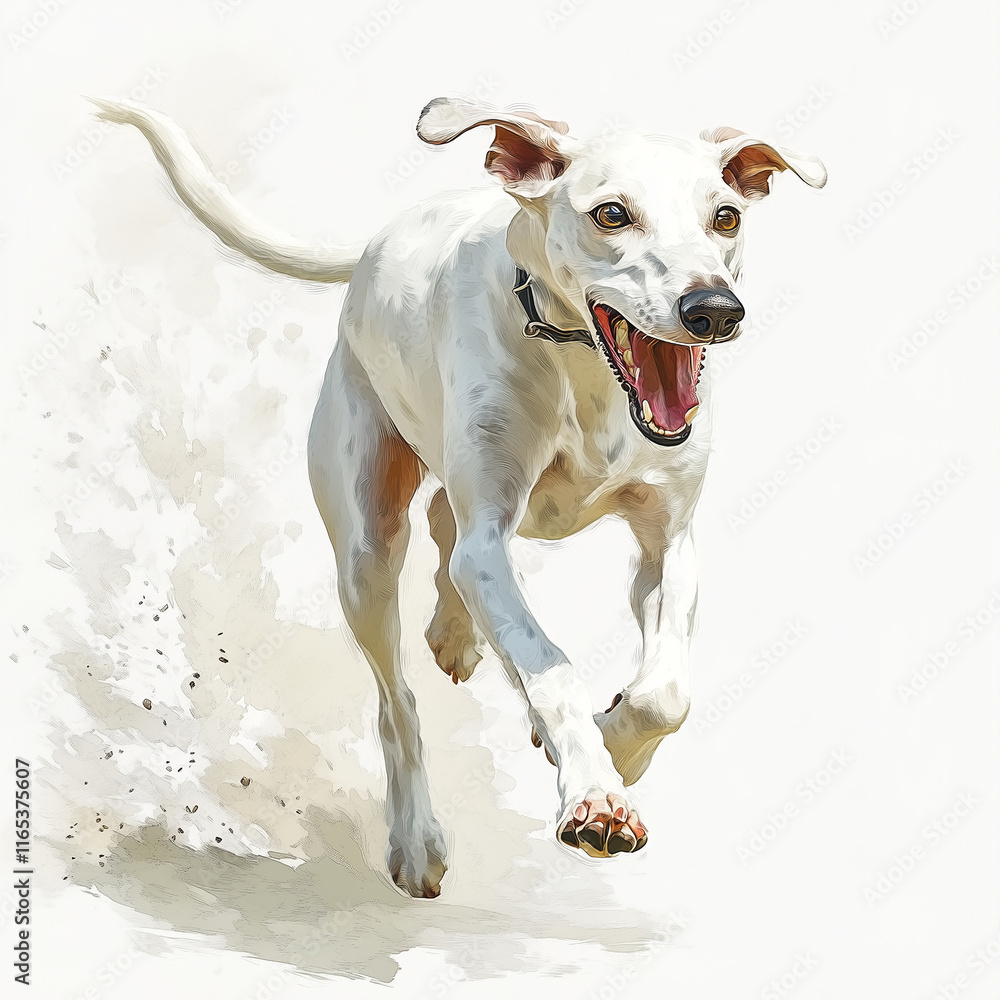 Obraz premium Illustration of the Whippet dog running towards, soft watercolor tones, white background, detailed illustration, cartoonish.