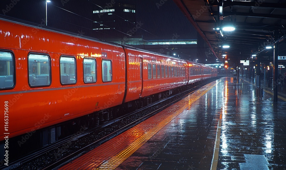 Naklejka premium Night train at a rain-slicked station platform.