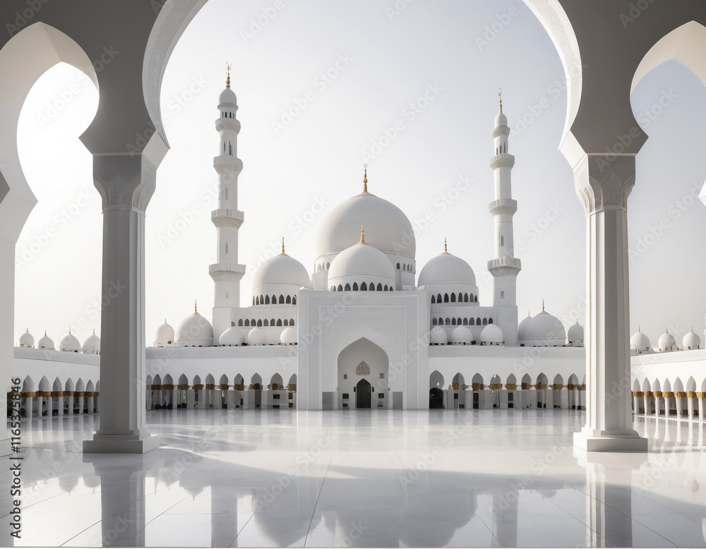 Fototapeta premium 3D Concept of a white mosque with intricate white domes and towers surrounded by a white environment. The concept for Eid Mubarak, Ramadhan, Moslem holiday