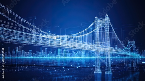 Blueprint of a large suspension bridge with detailed structural lines, clean technical style