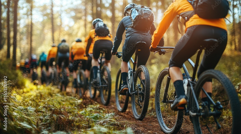 Fototapeta premium Mountain bikers riding through a forest trail.