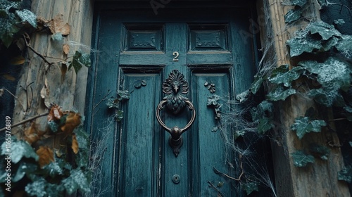 Old teal door with ornate knocker, covered in ivy and cobwebs.