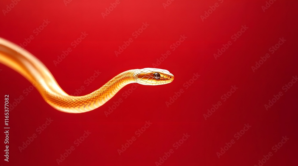 Long delicate golden snake on a red simple background, Generative AI Long delicate golden snake on a red simple background, Generative AI