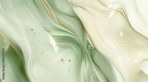 A sophisticated marbled composition with fluid pastel sage green and light cream hues, transitioning seamlessly into one another. 