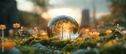 Modern 3D render of a glass globe on a bed of green grass, with renewable energy symbols and natureinspired elements, perfect for Earth Day and environmental advocacy photo