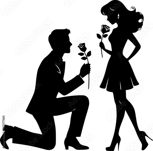 Romantic Silhouette of Man Kneeling to Present Roses to Woman
