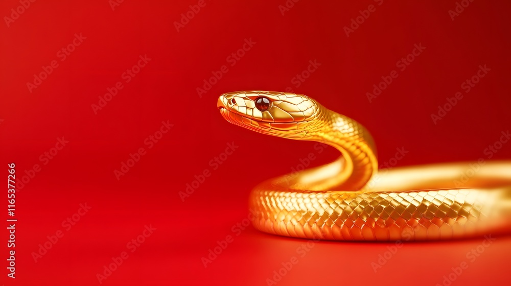 Fototapeta premium Long delicate golden snake on a red simple background, Generative AI 