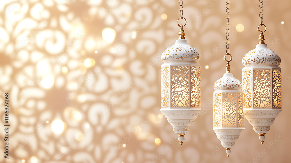 Luxurious Arabian background with ornate lanterns in white and gold, warm Luxurious Arabian background with ornate lanterns in white and gold, warm