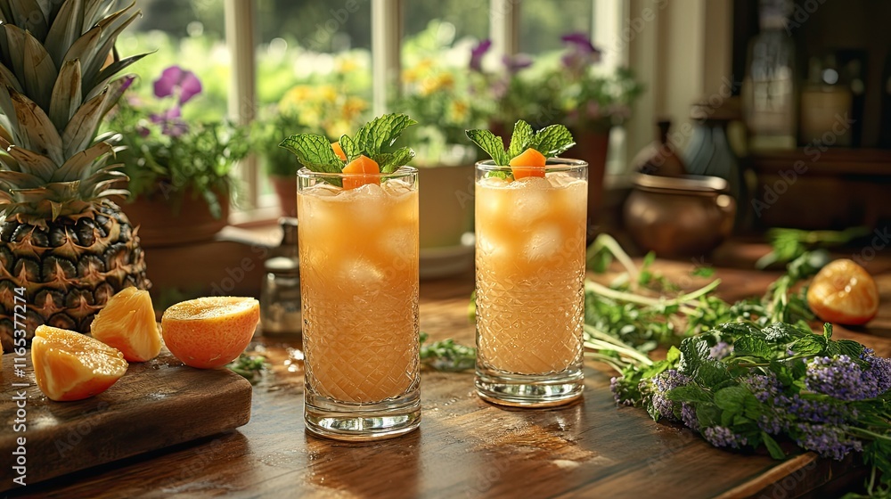 Fototapeta premium Two refreshing iced orange and pineapple cocktails garnished with mint on a rustic wooden table.