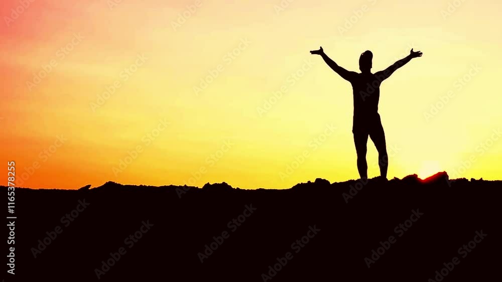 Sunset Silhouette of Triumph: A solitary figure stands atop a mountain, arms outstretched, silhouetted against a vibrant sunset. The image evokes a sense of accomplishment, freedom. Sunset Silhouette of Triumph: A solitary figure stands atop a mountain, arms outstretched, silhouetted against a vibrant sunset. The image evokes a sense of accomplishment, freedom.