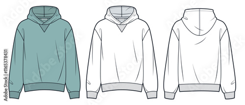 Hoodie technical fashion illustration. Hooded Sweatshirt fashion flat technical drawing template, front and back view, white, green, women, men, unisex Top CAD mockup set.