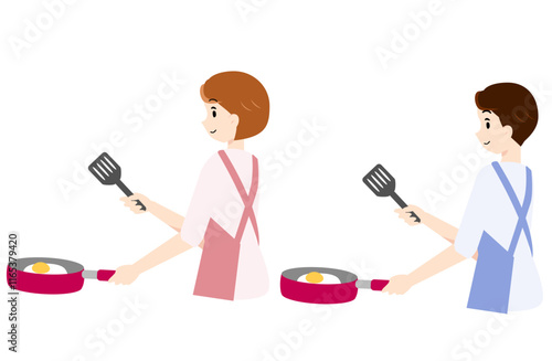 目玉焼きを作る男女