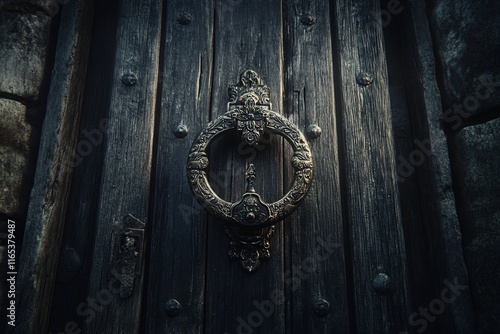 Ornate metal door knocker on old wooden door.