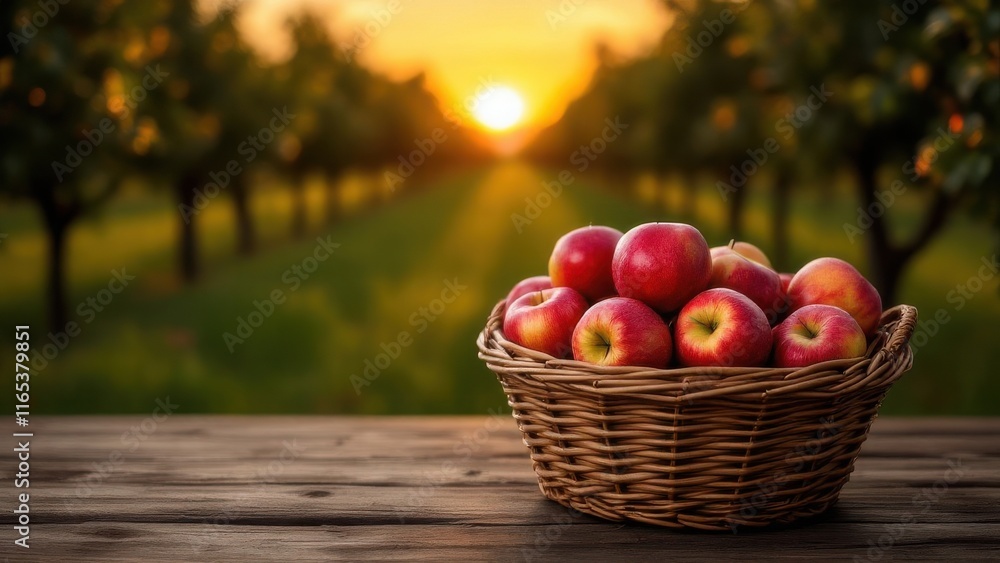 High-quality stock photo of ripe red apples carefully arranged in a rustic wicker basket, placed on a wooden table in the middle of a sunlit orchard at golden hour, warm tones and soft natural lightin High-quality stock photo of ripe red apples carefully arranged in a rustic wicker basket, placed on a wooden table in the middle of a sunlit orchard at golden hour, warm tones and soft natural lightin