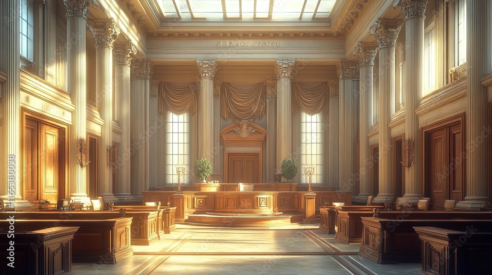 Fototapeta premium Elegant courtroom scene with large columns and natural light, classic style