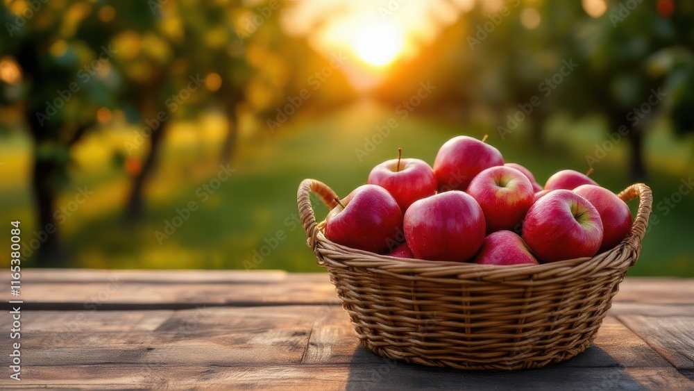 High-quality stock photo of ripe red apples carefully arranged in a rustic wicker basket, placed on a wooden table in the middle of a sunlit orchard at golden hour, warm tones and soft natural lightin High-quality stock photo of ripe red apples carefully arranged in a rustic wicker basket, placed on a wooden table in the middle of a sunlit orchard at golden hour, warm tones and soft natural lightin