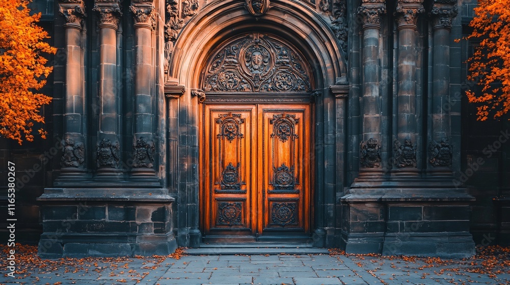 Fototapeta premium Ornate wooden double doors in a stone archway, autumn leaves.
