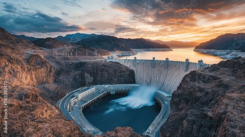 A vast hydroelectric dam with water pouring through, supplying energy to a modern city