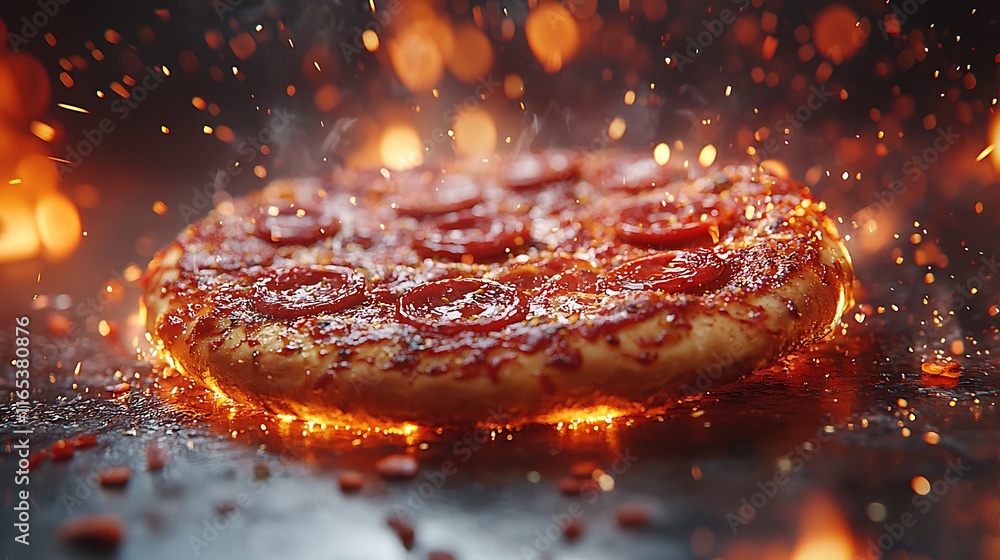 Fiery pepperoni pizza on dark background with sparks. Fiery pepperoni pizza on dark background with sparks.