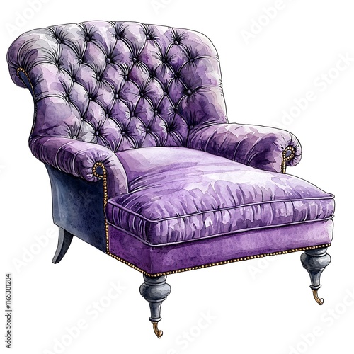 Watercolor illustration of a luxurious purple velvet chaise lounge with button tufting and ornate legs.