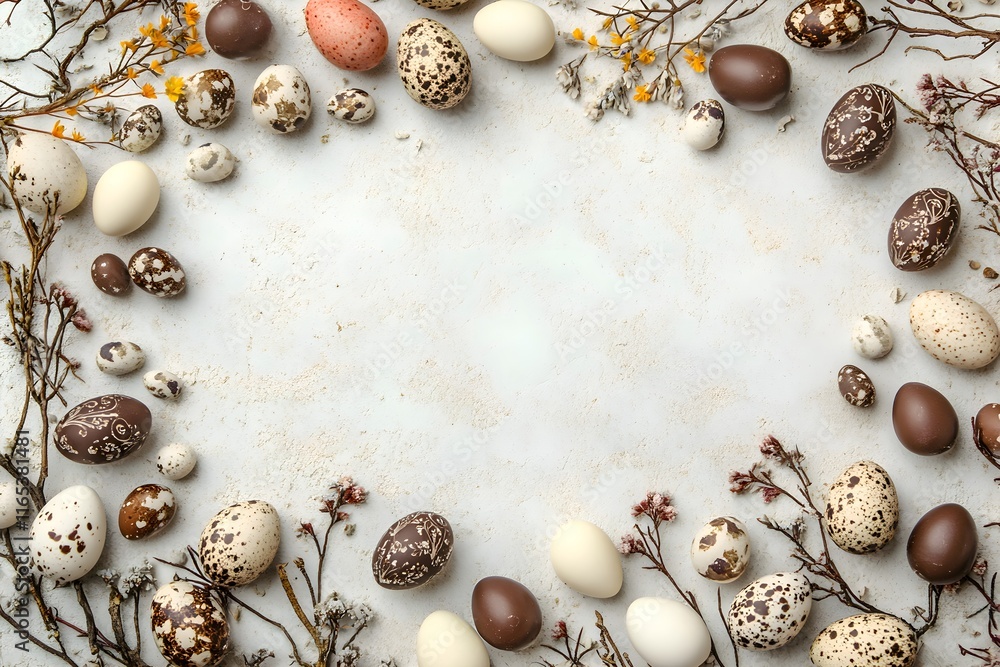 Obraz premium Easter border with robin's eggs and chocolate eggs with free space for text